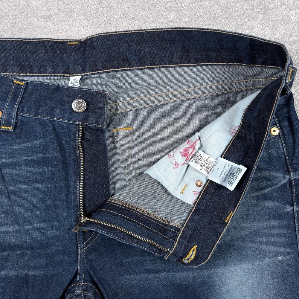 True Religion Jeans Mens 44x34 Straight Allover Earthworm Gold Cursed Blue Denim